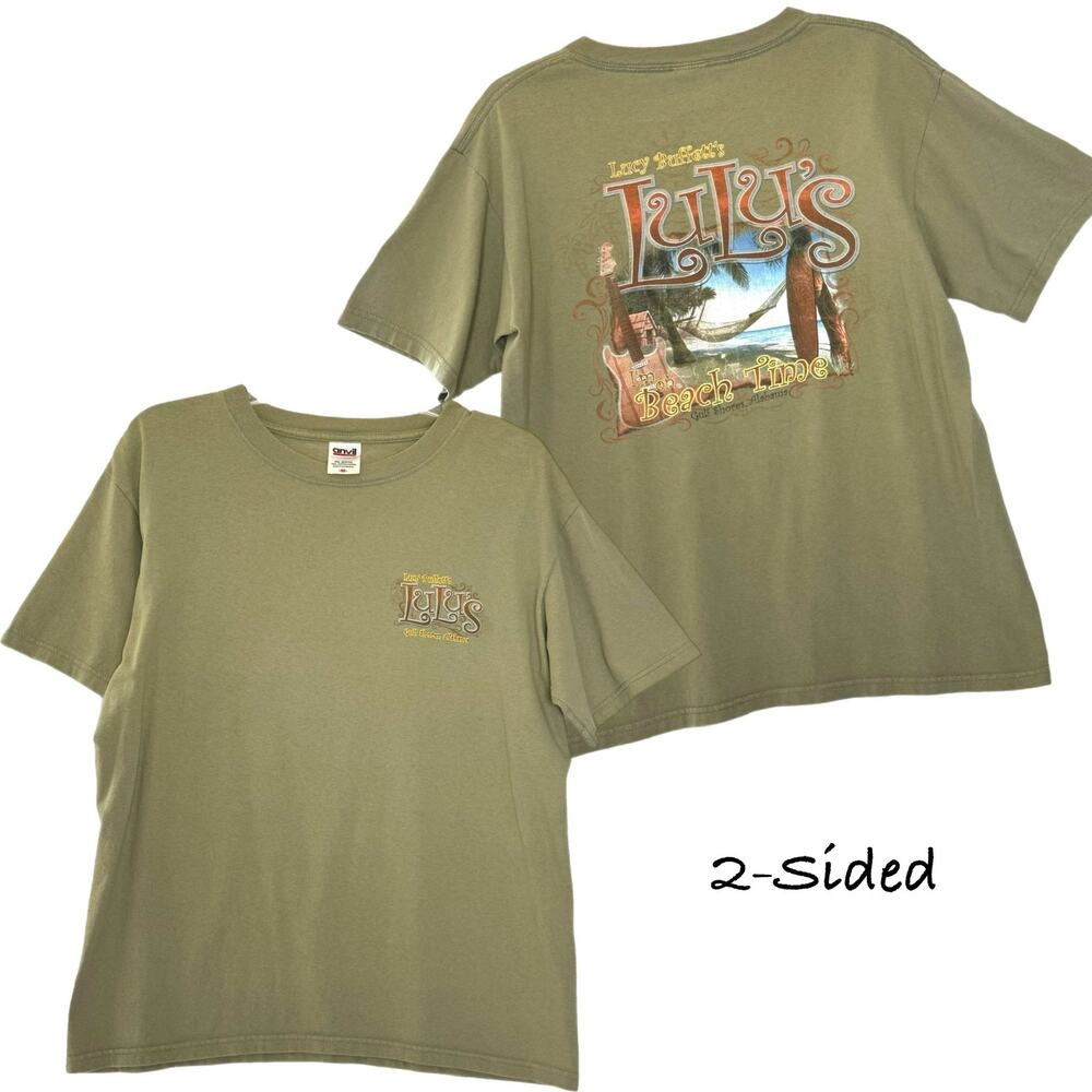 Lucy Buffett LuLu's Gulf Shores Graphic T-Shirt M Olive Two-Sided Tee Casual